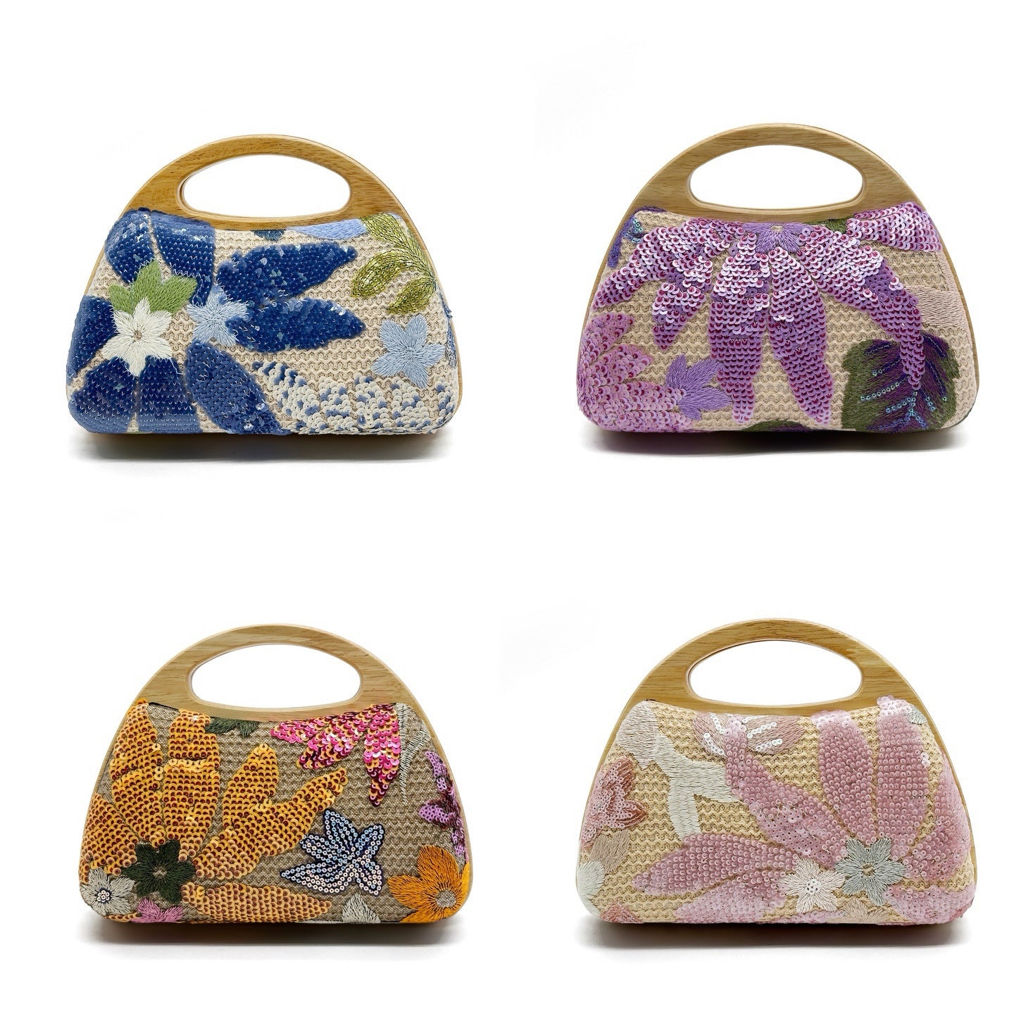 Wooden Handle Sequins Straw Bag