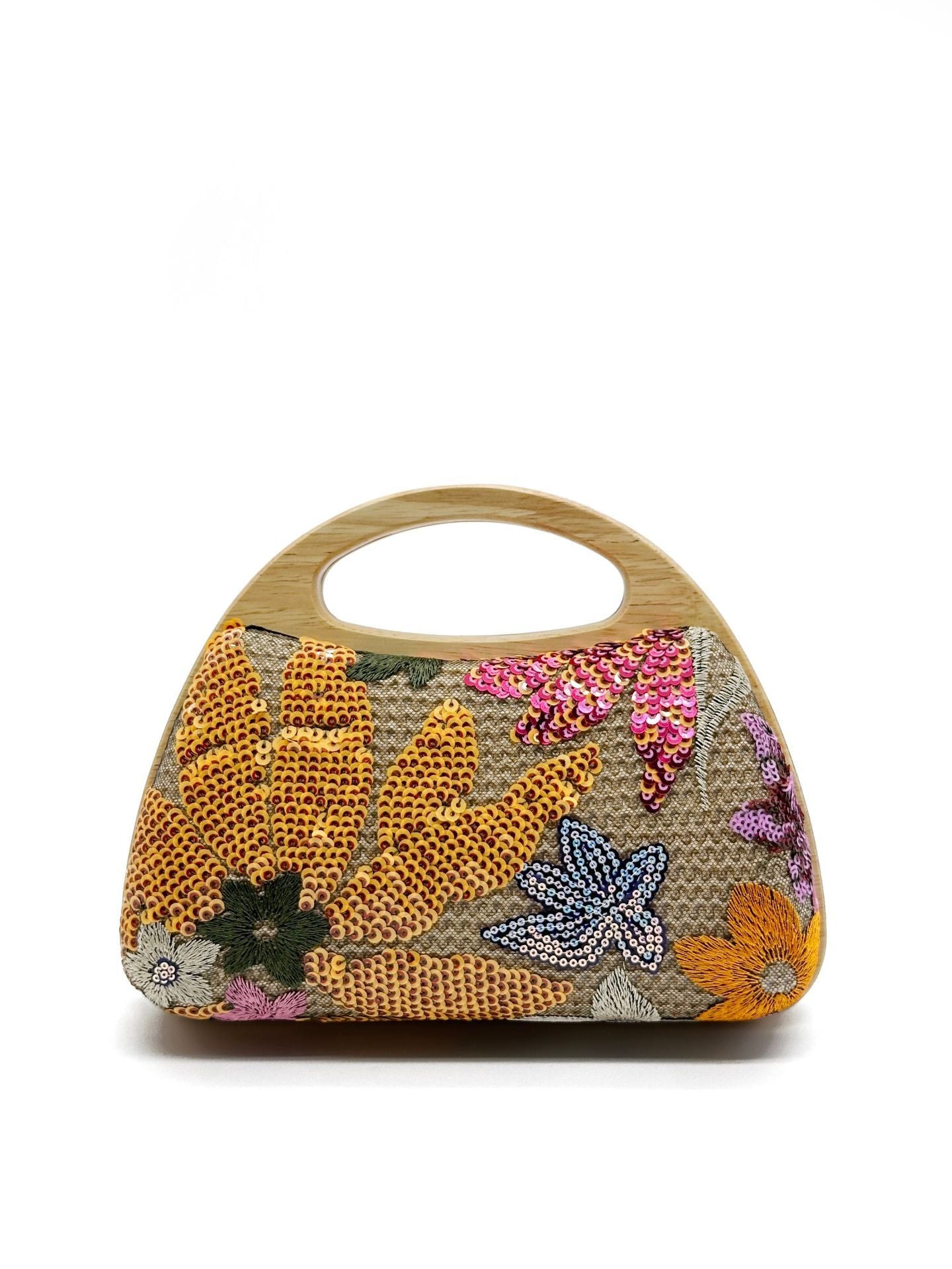 Wooden Handle Sequins Straw Bag