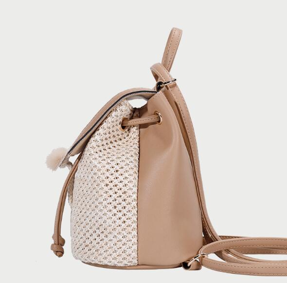 Woven Bucket Backpack with Fur Ball