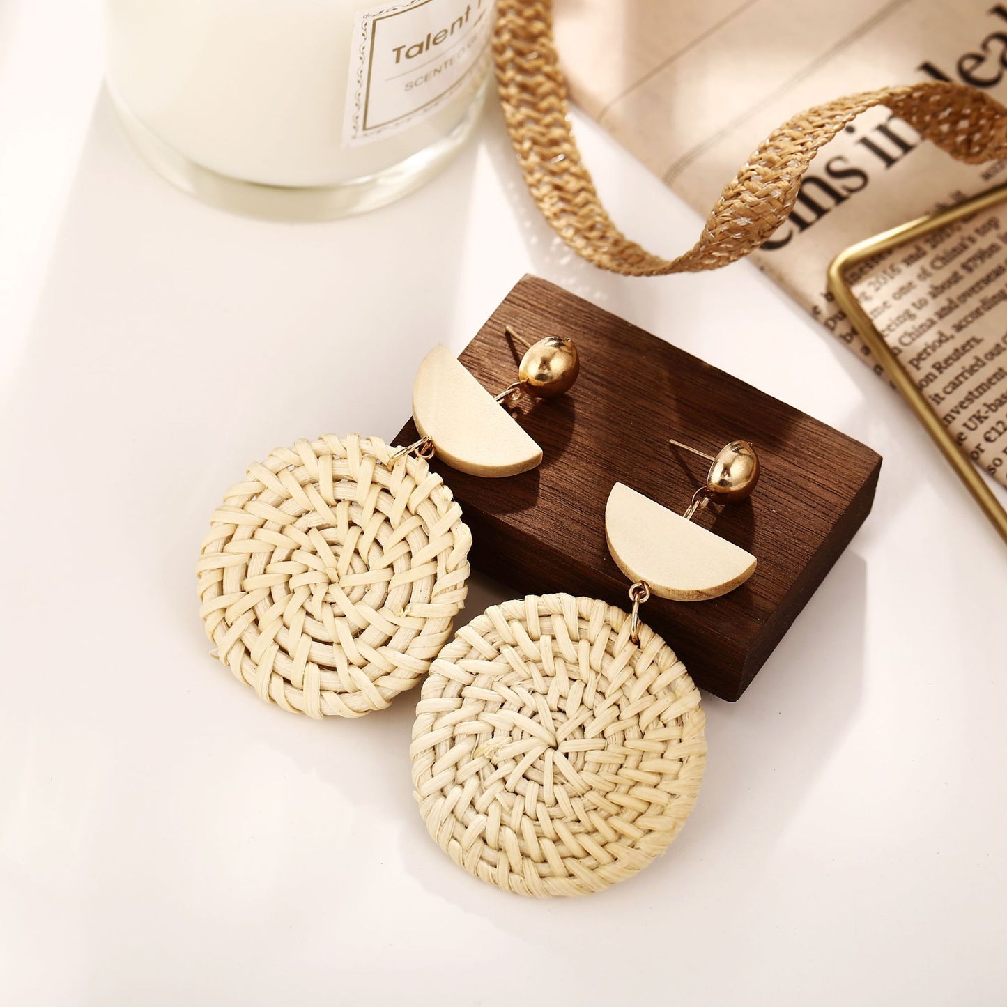 Woven Round Wooden Earrings Wish Straw Woven Beige Earrings