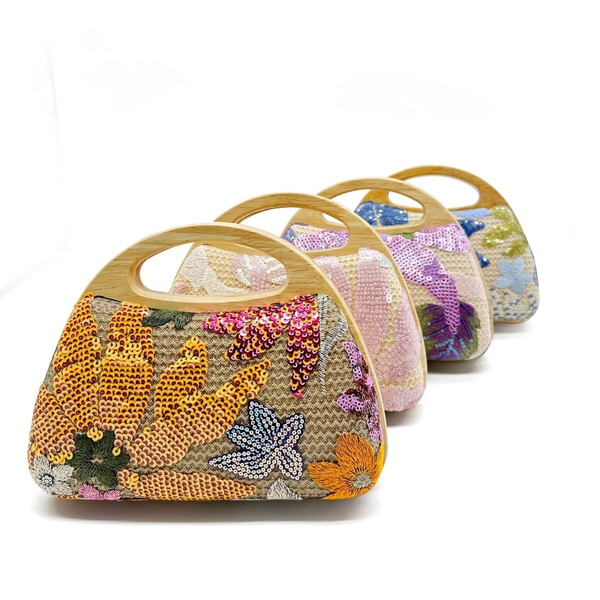 Wooden Handle Sequins Straw Bag