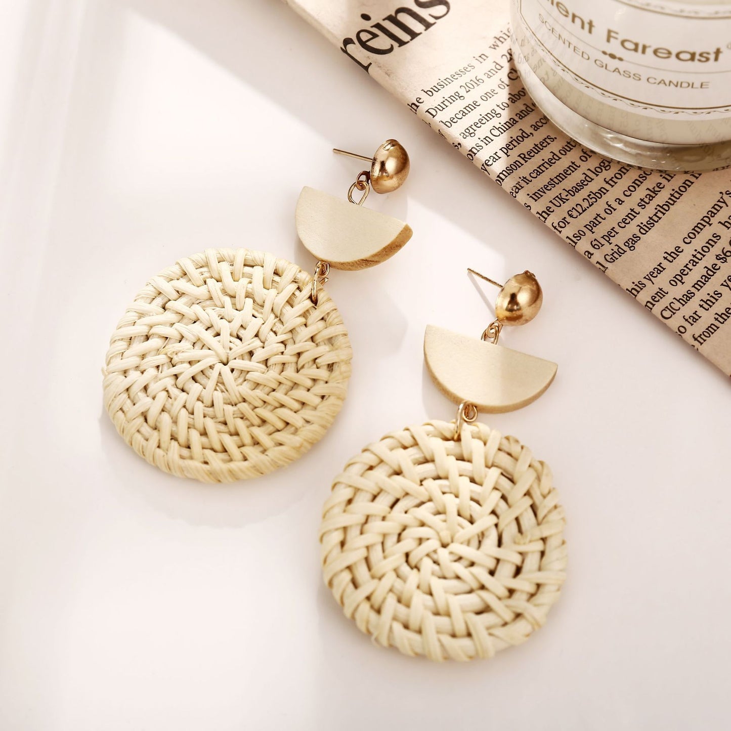 Woven Round Wooden Earrings Wish Straw Woven Beige Earrings