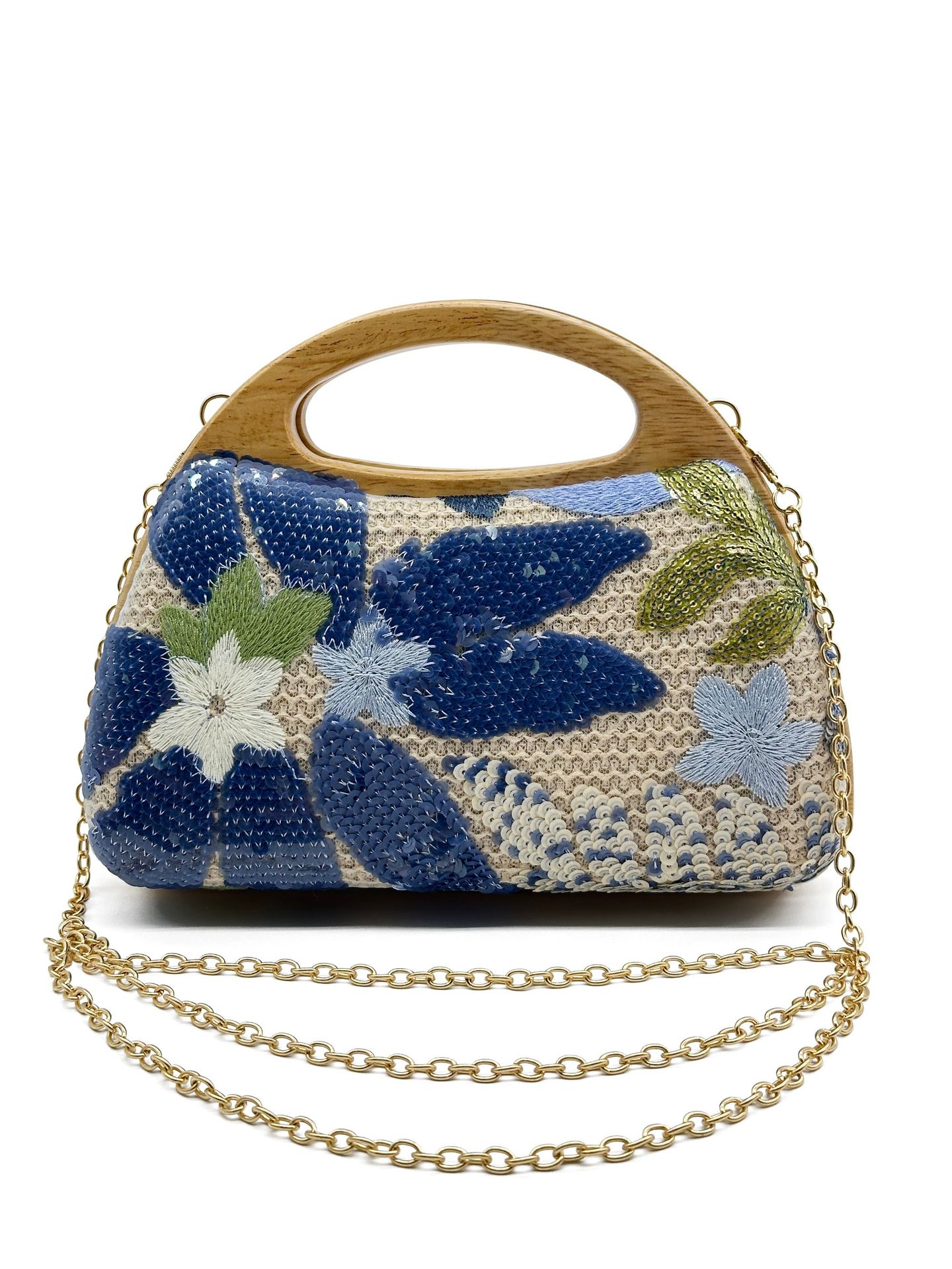 Wooden Handle Sequins Straw Bag