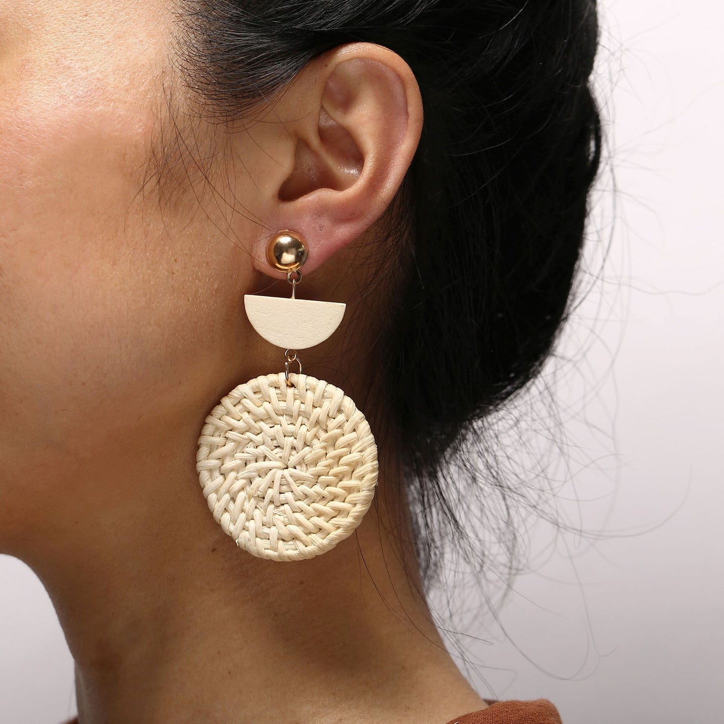 Woven Round Wooden Earrings Wish Straw Woven Beige Earrings