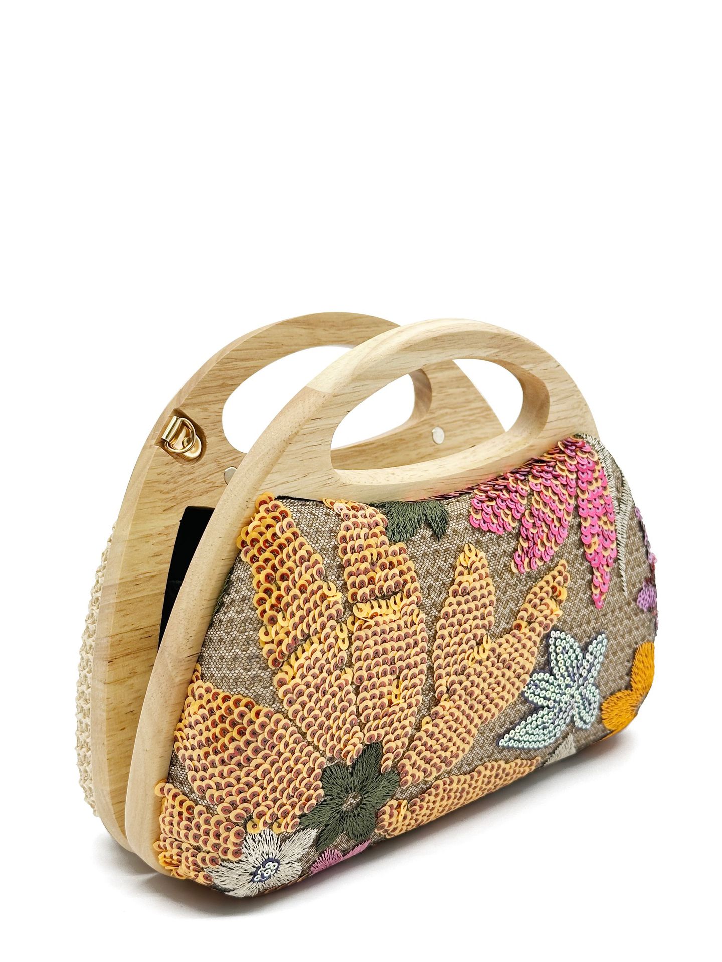 Wooden Handle Sequins Straw Bag