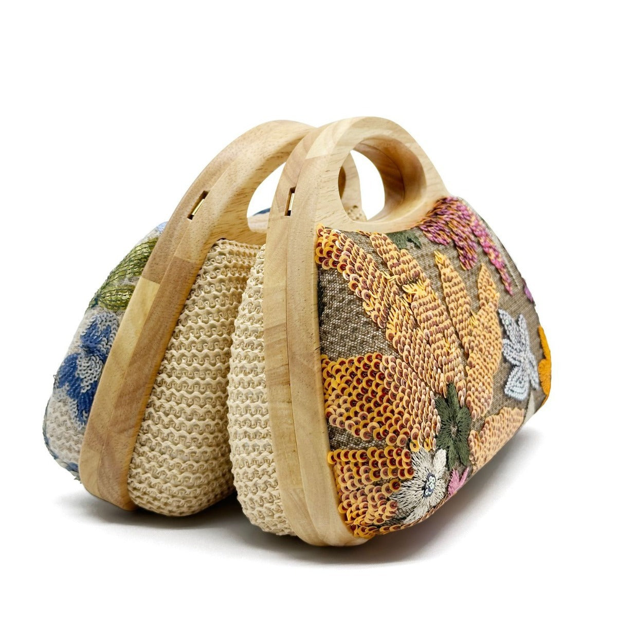 Wooden Handle Sequins Straw Bag