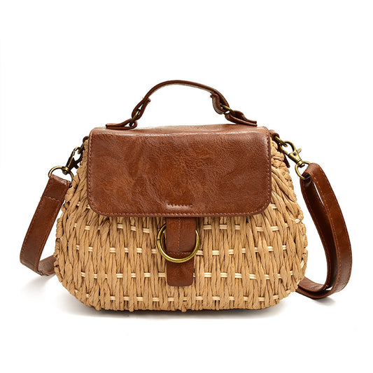 Antique Straw Woven Messenger Beach Bag
