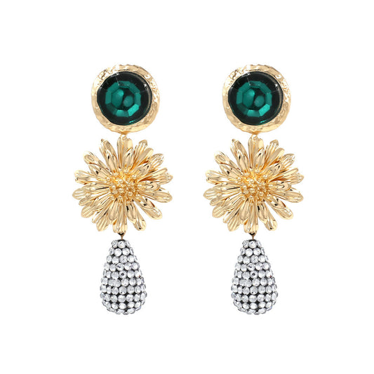 Metal Flower Earrings with Faux Gemstones