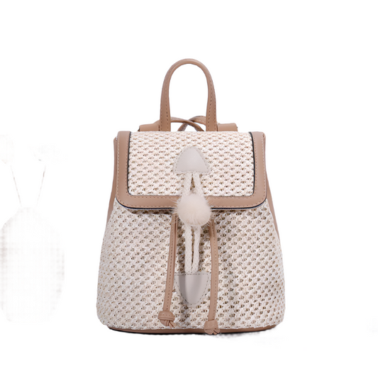 Woven Bucket Backpack with Fur Ball