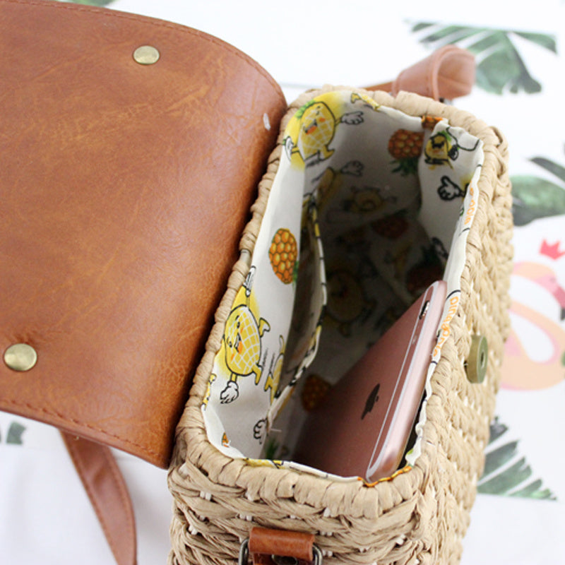 Antique Straw Woven Messenger Beach Bag