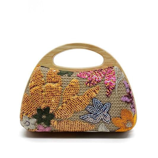 Wooden Handle Sequins Straw Bag